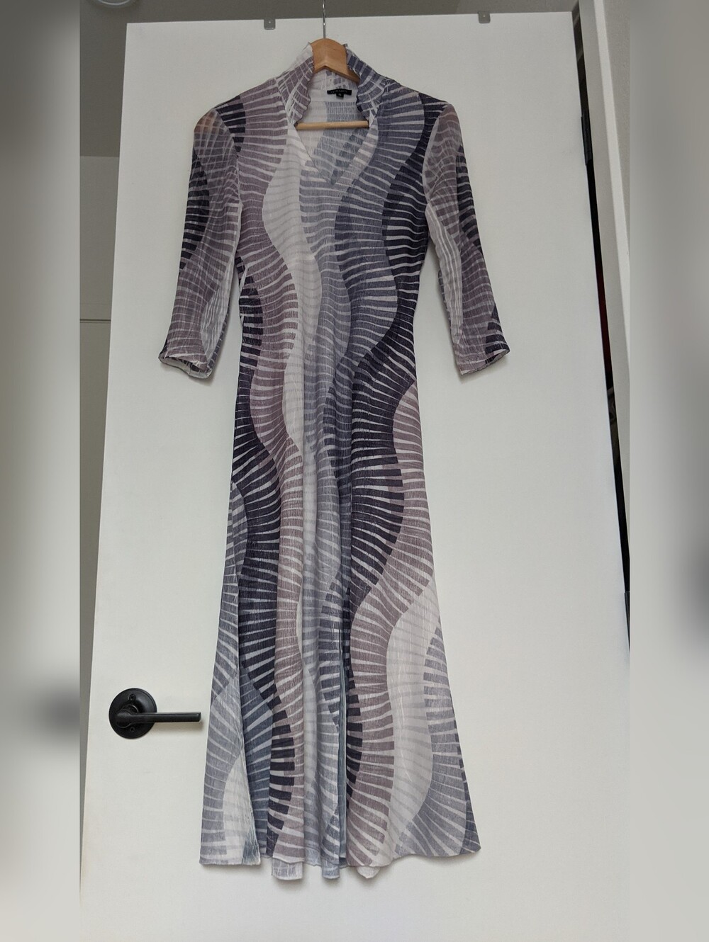 KOMAROV Sheer Wave-Print Midi Dress in Gray and Cream